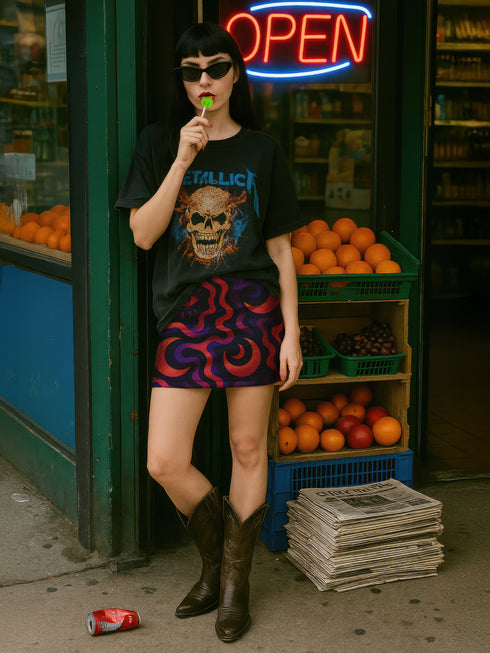 a woman standing in front of a store with a neon sign