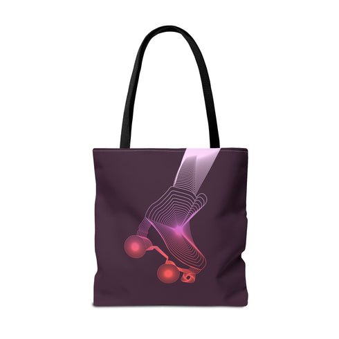 Retro roller skate tote bag by Honey Dazed featuring a neon-style pink and purple line art skate design glowing with a vintage 80s vibe. The bag is made of durable polyester with a soft canvas-like texture and black handles. Available in three sizes—13x13, 16x16, and 18x18 inches—perfect for daily use, travel, or gifting. Stylish, lightweight, and bold with a roller derby aesthetic for alt fashion lovers and retro accessory fans.