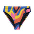 High-waisted bikini bottom with a vibrant wavy print in rainbow hues of pink, blue, yellow, orange, and navy on a black base. Features cheeky fit and double-layered fabric, styled over a bright turquoise pool for a sun-drenched summer look. Perfect for maximalist beachwear, retro pool parties, and colorful rave-inspired swim fashion.