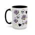 The Gothic Read Dangerously Mug Accent Coffee Mug (11, 15oz) features a white ceramic design with black handle, pastel books, skulls, hearts, and stars—one book reads READ DANGEROUSLY. A stylish, functional gift for any book lover.