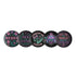 Set of five 2.25-inch round button pins featuring feminist and witchy designs with pastel artwork on a black background. Includes slogans like “Hex the System,” “Tell Me to Smile and I’ll Scream,” “Romanticize Your Rage,” “Consent or Coffin,” and “Resist.” Each button has a safety pin backing, a durable tinplate body, and a glossy, scratch and UV-resistant finish with purple, pink, teal, and mint accents.