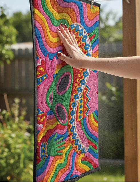 A rectangular doormat featuring a vibrant 2D flat print designed to look like textured yarn embroidery. The central graphic showcases a bright green alien with large black eyes, wearing a pink neck bandana and a highly decorated red, pink, and blue sombrero cowboy hat. The alien has one green hand raised in a friendly wave. The background is a psychedelic pattern of wavy, flowing rainbow stripes in yellow, orange, red, pink, blue, and green. The mat has a sleek black outer edge trim.