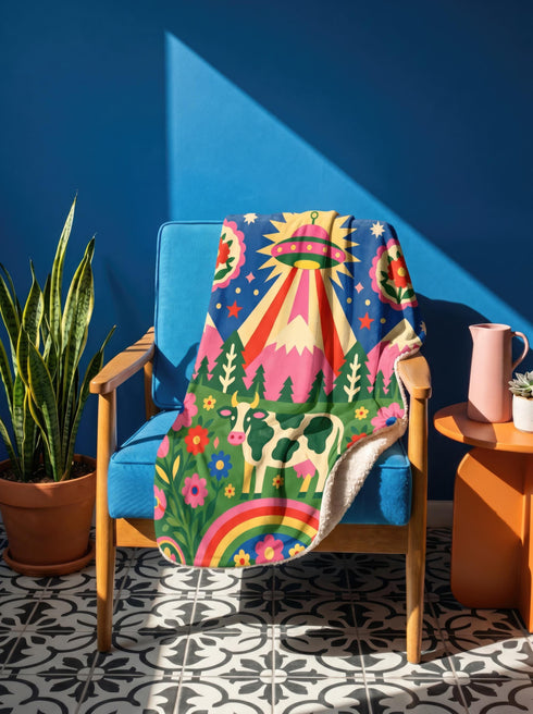 A rectangular velveteen minky blanket with a bright, maximalist design. The top half features a vibrant blue sky with a pink, green, and yellow UFO beaming rays down over hot pink snow-capped mountains. The bottom half shows a grassy green field with a white cow covered in dark spots, surrounded by large, colorful red, pink, and blue retro flowers, pine trees, and a rainbow arch at the very bottom. The reverse side is a fluffy off-white sherpa.