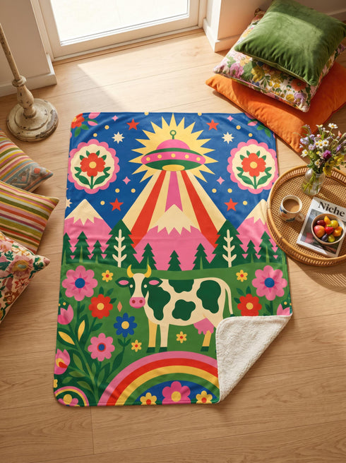 A rectangular velveteen minky blanket with a bright, maximalist design. The top half features a vibrant blue sky with a pink, green, and yellow UFO beaming rays down over hot pink snow-capped mountains. The bottom half shows a grassy green field with a white cow covered in dark spots, surrounded by large, colorful red, pink, and blue retro flowers, pine trees, and a rainbow arch at the very bottom. The reverse side is a fluffy off-white sherpa.