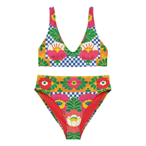 Colorful high waisted bikini set with bold floral and checkerboard print featuring pink, red, yellow, green, blue, and white tones. Scoop neck bikini top with wide straps and matching high rise bottoms with structured waistband. Smooth stretch swim fabric with symmetrical floral motifs and graphic checker pattern. Bright, retro-inspired design with vibrant color blocking and modern sporty silhouette.