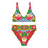 Colorful high waisted bikini set with bold floral and checkerboard print featuring pink, red, yellow, green, blue, and white tones. Scoop neck bikini top with wide straps and matching high rise bottoms with structured waistband. Smooth stretch swim fabric with symmetrical floral motifs and graphic checker pattern. Bright, retro-inspired design with vibrant color blocking and modern sporty silhouette.