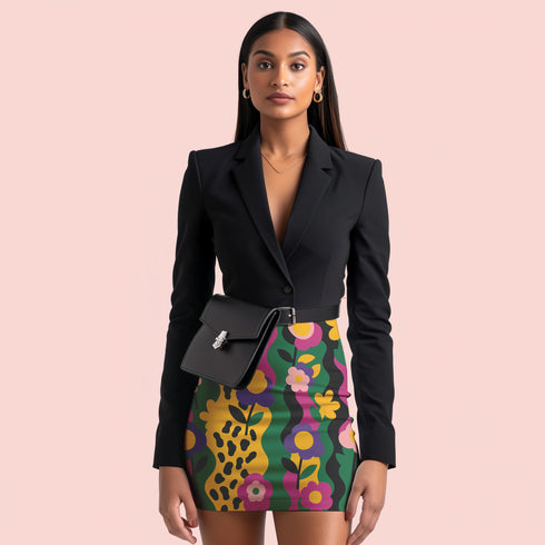 A woman wearing a black blazer and a colorful floral skirt, with a black handbag on her hip.