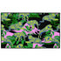 Vibrant doormat featuring stylized yellow tigers with blue stripes amidst green foliage and pink accents on a black background. Bold, maximalist design for indoor/outdoor use.