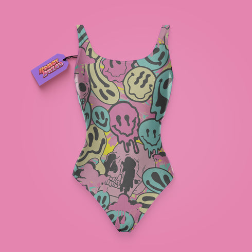 a bathing suit with skulls and skulls on it