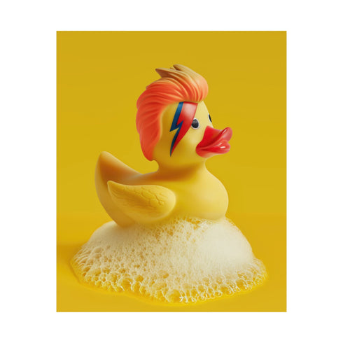A retro-inspired print featuring a rubber duck styled after David Bowie’s Ziggy Stardust, complete with orange-red mullet and signature lightning bolt face paint. Surrounded by white bubbles, the piece is framed in soft purple and set on a wavy psychedelic wall in pink and orange.