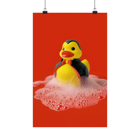 A spooky-yet-cute art print of a vampire-themed rubber duck dressed in a red-lined black cape and bowtie. Surrounded by white bath bubbles, the duck is framed in a red wavy-edged frame and held up against a burnt orange wall by a hand in a dramatic red sleeve.