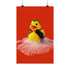 A spooky-yet-cute art print of a vampire-themed rubber duck dressed in a red-lined black cape and bowtie. Surrounded by white bath bubbles, the duck is framed in a red wavy-edged frame and held up against a burnt orange wall by a hand in a dramatic red sleeve.