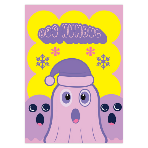 Christmas card with a playful ghost theme. Central cute pink ghost wearing a purple Santa hat, flanked by two smaller purple ghosts. Yellow background with snowflakes. Text reads "Boo HUMBUG" in purple bubble letters. Blends Christmas and Halloween elements for a unique holiday greeting. Inside message: "May your Christmas be filled with delight, not fright.