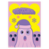 Christmas card with a playful ghost theme. Central cute pink ghost wearing a purple Santa hat, flanked by two smaller purple ghosts. Yellow background with snowflakes. Text reads "Boo HUMBUG" in purple bubble letters. Blends Christmas and Halloween elements for a unique holiday greeting. Inside message: "May your Christmas be filled with delight, not fright.