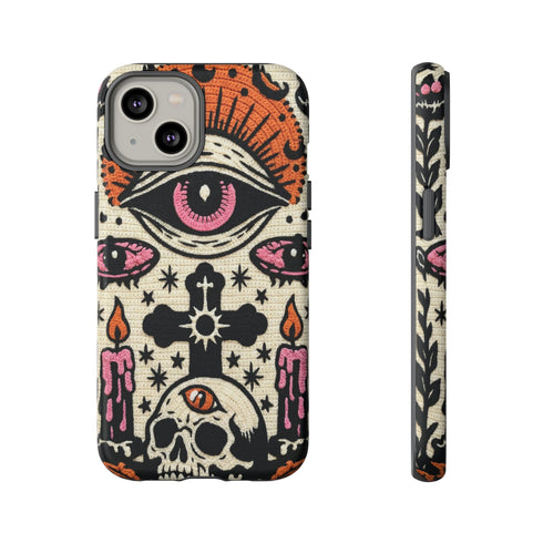 Gothic Faux Crochet Phone Case - Whimsigoth Evil Eye Skull Cover