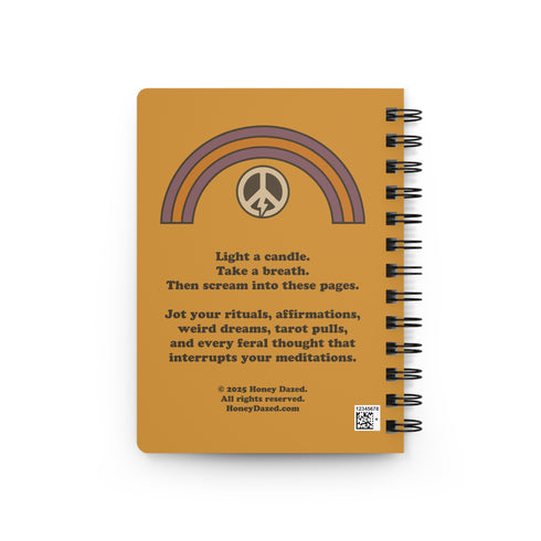 A glossy 5x7 inch spiral bound notebook featuring the phrase Inner Peace Outer Chaos in retro 70s typography. The cover showcases a vibrant psychedelic design on a mustard yellow background with a central trippy sun motif containing three mystical eyes. Below the sun, text reads Meditations, Mantras, and Meltdown Notes in bold black font. The journal has a durable black metal spiral binding and contains 150 lined pages for writing, shadow work, or daily planning.