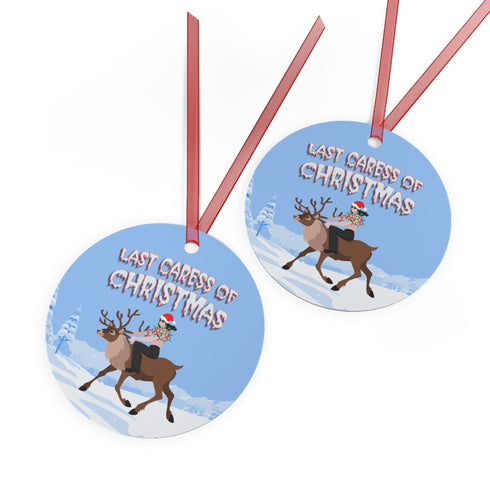 Round blue metal Christmas ornament featuring Glenn Danzig in sunglasses and Christmas lights riding reindeer through snowy landscape. Text reads "Last Caress of Christmas" in icy font.