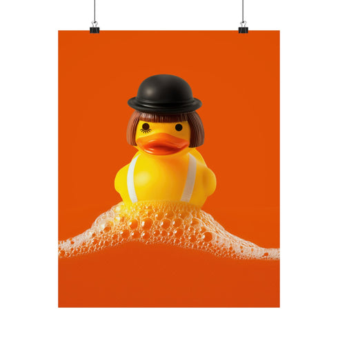 A fine art print of a rubber duck dressed like Alex from A Clockwork Orange, featuring a black bowler hat, blunt bob, and white suspenders. The duck floats in orange-tinged bubbles and is framed in white on a glossy pink tile bathroom shelf.