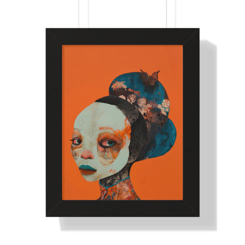 Avant-garde digital portrait of an African woman with striking features against a vivid orange background. An elaborate headdress of dark, floral elements creates a stunning contrast, embodying surrealist themes and African cultural motifs.
