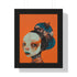 Avant-garde digital portrait of an African woman with striking features against a vivid orange background. An elaborate headdress of dark, floral elements creates a stunning contrast, embodying surrealist themes and African cultural motifs.