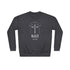 a sweatshirt featuring a minimalist cross design resembling a joint with the text "BLAZE THE LORD" underneath.
