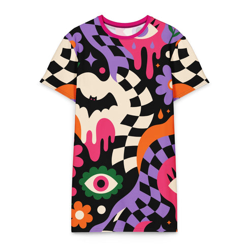 A short-sleeve, above-the-knee t-shirt dress with a relaxed, straight fit and a crew neckline. The dress features a vibrant, chaotic, all-over graphic print. The design includes sections of distorted, wavy black and cream checkerboard, mixed with bold, abstract shapes in bright purple, hot pink, and vivid orange. Scattered throughout the pattern are motifs of hot pink dripping slime, a black bat silhouette, a stylized green eye with a pink iris, and retro pink and purple daisy flowers.