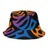 Reversible bucket hat with a bold all-over psychedelic tiger stripe print in pink, blue, yellow, and black; made of moisture-wicking polyester with a linen-texture feel; available in sizes XS, S/M, and L/XL; features two different sides with unique patterns.