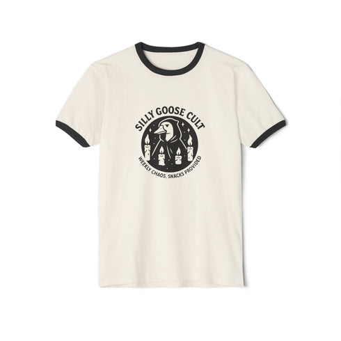 Unisex ringer t-shirt in natural cotton with black ribbed collar and sleeve cuffs. Front features bold black graphic: a cult-style goose surrounded by four candles, with text reading “Silly Goose Cult, Weekly Chaos, Snacks Provided.” Available in sizes S to 3XL. Retro-inspired fit, soft cotton, statement weirdcore design for alternative fashion lovers.