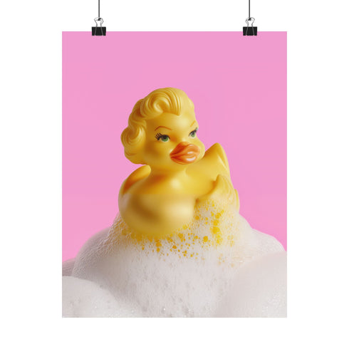 A fine art print of a glamorous rubber duck styled like Marilyn Monroe, with short curled blonde hair and soap bubbles. Displayed in a gold ornate frame against a pink wall with orange bead curtains.
