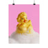 A fine art print of a glamorous rubber duck styled like Marilyn Monroe, with short curled blonde hair and soap bubbles. Displayed in a gold ornate frame against a pink wall with orange bead curtains.