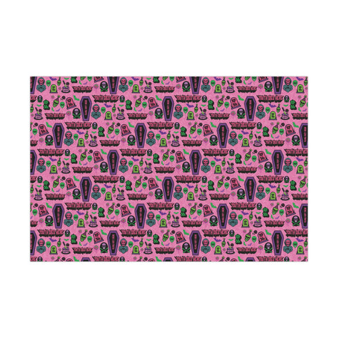 40th birthday Vibrant wrapping paper featuring a playful goth theme with illustrations of skulls, birthday cakes, and caskets marked "RIP 30s", set against a pink background with green accents. Ideal for themed 40th birthday gifts.