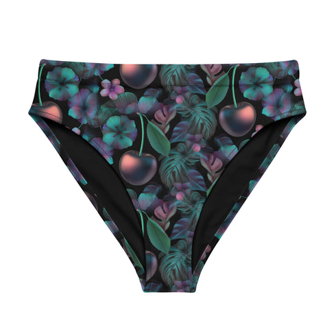 Dark Cherry floral bikini bottoms featuring a bold cherry and tropical flower pattern with deep green and purple leaves, made from moisture-wicking polyester and spandex, cheeky fit, mid-rise, available in sizes XS to 3XL, double-lined with UPF 50 plus sun protection. Perfect for rave outfits, summer festivals, beach goth, and retro pool parties.