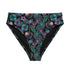 Dark Cherry floral bikini bottoms featuring a bold cherry and tropical flower pattern with deep green and purple leaves, made from moisture-wicking polyester and spandex, cheeky fit, mid-rise, available in sizes XS to 3XL, double-lined with UPF 50 plus sun protection. Perfect for rave outfits, summer festivals, beach goth, and retro pool parties.