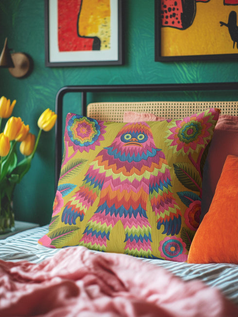 A square faux embroidery pillow featuring a brightly colored maximalist design against a mustard yellow background. In the center stands a stylized, furry Bigfoot or Sasquatch figure rendered in vibrant layers of pink, orange, blue, and lime green with a blue face and yellow eyes. The central creature is surrounded by large, detailed symmetrical pink and blue flowers and leaves. The flat printed fabric creates a highly realistic optical illusion of dimensional crewel embroidery stitches.