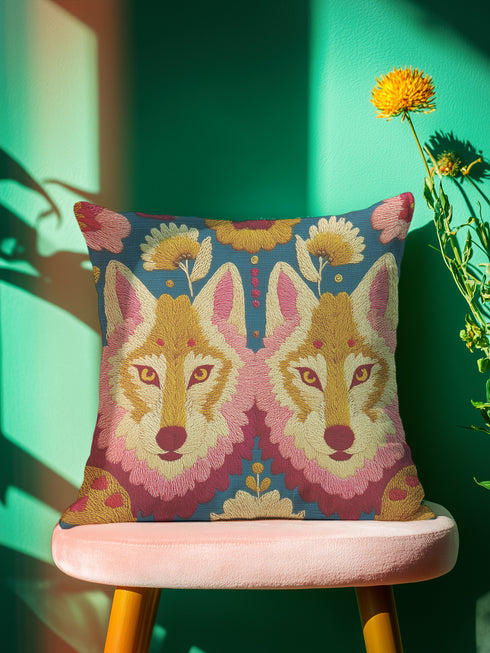 Maximalist pillow cover featuring mirrored twin wolves framed by floral folk-art motifs. Linen-feel textured polyester with saturated double-sided print in gold, blush, coral, teal and mustard on a deep ground. Hidden zipper; machine-washable. Available in 18x18 and 22x22 inches. Pillowcase only. Whimsigoth, lodgecore, alt animal décor.