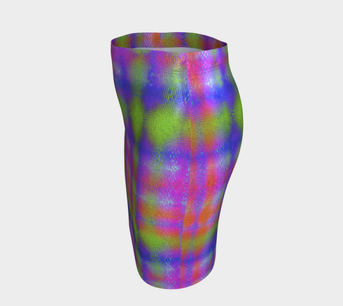 Bodycon Fitted Skirt - Neon Plaid Mini with Elastic Waist & Black Light Reactive Fabric