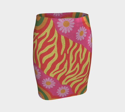 Form-fitting mini skirt featuring a vibrant, retro-inspired maximalist pattern. The design showcases a diagonal hot pink band filled with white and yellow daisies, contrasting against a bold background of wavy, abstract red and yellow flame-like stripes. The bottom edge includes curved color blocks of green and orange. Made of a smooth, stretchy fabric with a mid-rise elastic waistband, hitting at mid-thigh. Available in both a matte black-light reactive finish and a metallic glitter finish.