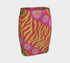 Form-fitting mini skirt featuring a vibrant, retro-inspired maximalist pattern. The design showcases a diagonal hot pink band filled with white and yellow daisies, contrasting against a bold background of wavy, abstract red and yellow flame-like stripes. The bottom edge includes curved color blocks of green and orange. Made of a smooth, stretchy fabric with a mid-rise elastic waistband, hitting at mid-thigh. Available in both a matte black-light reactive finish and a metallic glitter finish.
