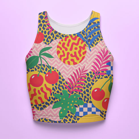 Vibrant Y2K maximalist crop top featuring bold tropical pineapples, leopard print, sweet cherries, and geometric patterns in bright yellow, pink, green, and blue colors. Perfect festival rave wear, alternative fashion, and retro summer styling for women who love aesthetic streetwear and unique party outfits