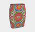A vibrant bodycon mini skirt featuring a structured grid of retro geometric medallions. The pattern includes concentric circles in red, yellow, and blue, stylized daisy flower motifs, and red and white checkered squares. The skirt has a high-waist elastic band and a smooth, matte performance knit texture. The background is a neutral off-white. This maximalist design utilizes saturated primary colors to create a 70s-inspired psychedelic aesthetic. No purple or navy is present in the print.
