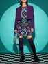 Cotton t-shirt dressA short-sleeve structured t-shirt dress with a black background. The dress features a bold, vertically stacked repeating graphic print. The design includes intricate damask patterns in teal and grey, purple roses with teal leaves, and a central evil eye motif set inside an ornate frame with small four-point stars. The heavyweight fabric holds a clean, straight cut above the knee with zero drape, maintaining a sculptural, slightly boxy silhouette.