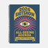 A hardcover spiral planner for 2026 with a dark blue cover and retro 70s style graphics. The title reads "2026 SHITSHOW All-Seeing Agenda" in bold yellow and pink text. Below the title is a large, stylized all-seeing eye with pink rays emanating from it. At the bottom, a pink ribbon contains the text "BLINK TWICE FOR MERCY." The back cover is also dark blue with a yellow sun graphic and the text "Plans bloom. Deadlines hum. I write, I wander, then get it done. Keep receipts. Keep grace.