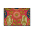 Pink outdoor doormat featuring a symmetrical folk art design. Two white skeleton hands with palms facing forward frame a large central pink and peach flower with a yellow center. Olive green stems, gold berries, and teal blue floral accents decorate the vibrant magenta background. The design mimics a textured embroidery look but is a flat 2d print. Framed with a sleek black border.