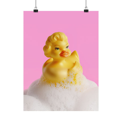 A fine art print of a glamorous rubber duck styled like Marilyn Monroe, with short curled blonde hair and soap bubbles. Displayed in a gold ornate frame against a pink wall with orange bead curtains.