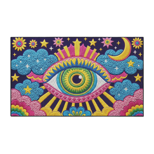 Rectangular entryway doormat with a deep purple background printed in a 2D faux embroidery illusion. The symmetrical mandala centers on a large green, pink, and white evil eye with golden yellow sunburst lines radiating outward. The corners hold textured cyan clouds, yellow crescent moons, and stars, with a scalloped floral motif along the lower edge. Finished with black trim and a non-slip rubber backing. Psychedelic celestial maximalist home decor and protective evil eye welcome mat for bold, eclectic ent
