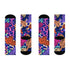 Stylish jungle-themed socks with tigers and abstract camo patterns in a palette of purple, blue, and pink, laid out on a yellow background, ideal for adding a pop of color to your wardrobe