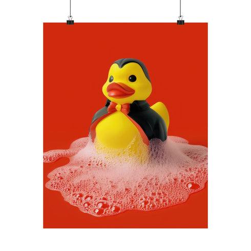 A spooky-yet-cute art print of a vampire-themed rubber duck dressed in a red-lined black cape and bowtie. Surrounded by white bath bubbles, the duck is framed in a red wavy-edged frame and held up against a burnt orange wall by a hand in a dramatic red sleeve.