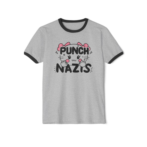 Off-white ringer t-shirt with black contrast trim on the collar and sleeve cuffs. The front features a bold, kawaii-inspired graphic of a cute cat with pink bows, blushing cheeks, and an assertive expression. Above the cat, the phrase "PUNCH" is written in bold, black capital letters, while below, "NAZIS" is displayed in a matching bold font. The cat’s paws are raised, playfully flipping off the viewer, adding a rebellious edge to the design. The t-shirt has a vintage-inspired fit, made from soft cotton fab