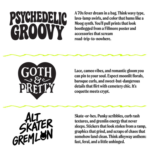 A curated alternative style bundle from Honey Dazed, available as a mystery box gift for her. This aesthetic grab bag is personalized to a chosen vibe, such as goth and pretty, psychedelic groovy, maximalist mayhem, alt skater gremlin, or weirdcore. Each surprise pack contains a high-value assortment of unique items like women's apparel, accessories, jumbo stickers, enamel pins, patches, and alternative home decor. Perfect as a birthday gift, a personalized care package, or a surprise box.