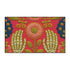 Pink outdoor doormat featuring a symmetrical folk art design. Two white skeleton hands with palms facing forward frame a large central pink and peach flower with a yellow center. Olive green stems, gold berries, and teal blue floral accents decorate the vibrant magenta background. The design mimics a textured embroidery look but is a flat 2d print. Framed with a sleek black border.